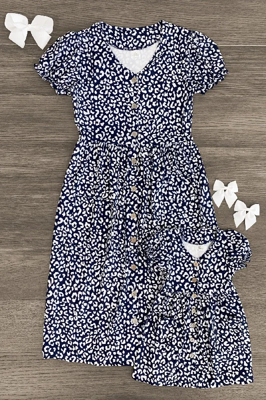 Mom & Me - Navy Blue Leopard Pocket Dress
