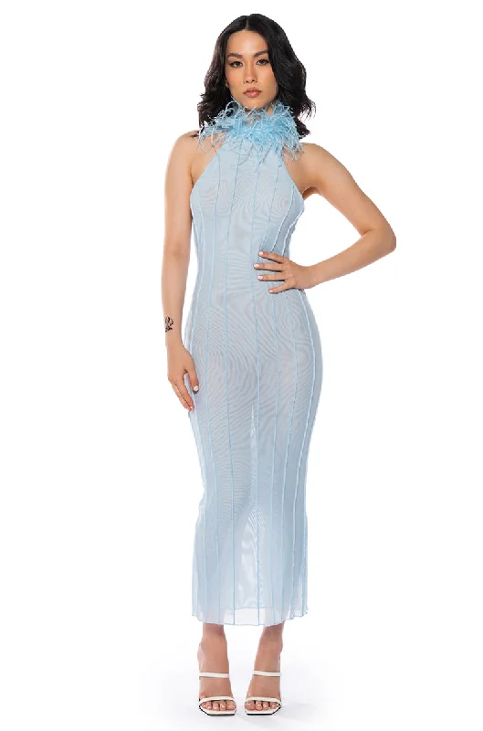 FORTUNA FEATHER HALTERNECK MESH MIDI DRESS