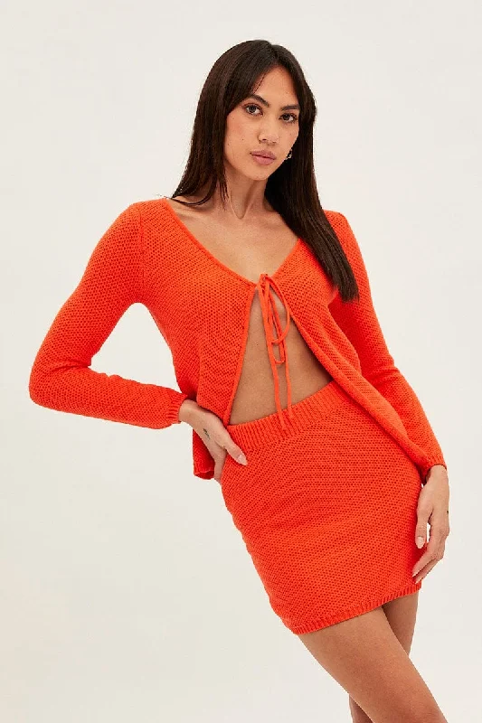 Orange Bolero Long Sleeve V Neck Tie Front Crochet Cotton